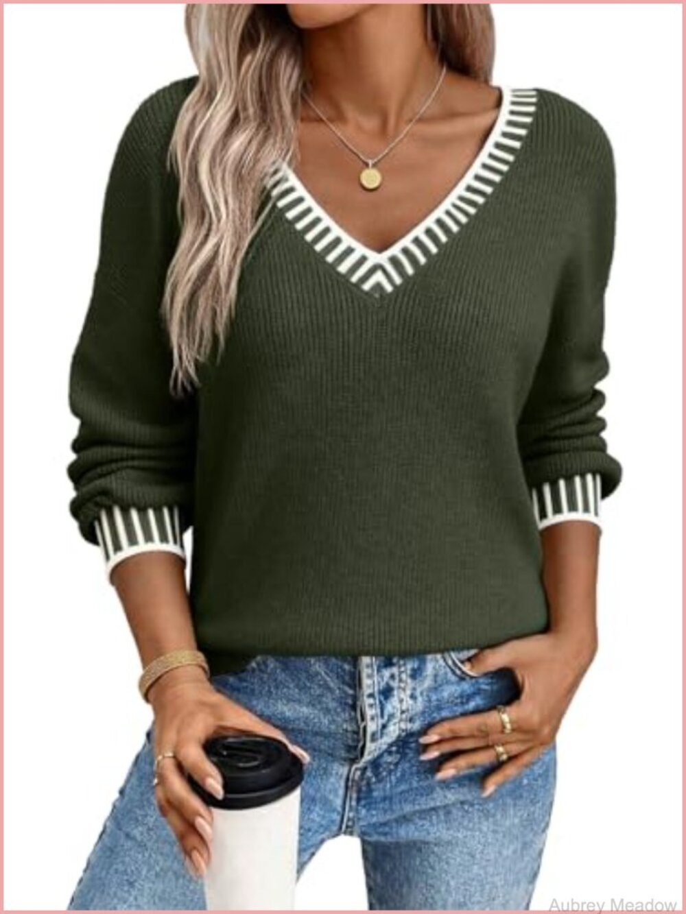 V Neck Long Sleeve Contrast Stitch Pullover Sweater Loose Fit Cable Knit